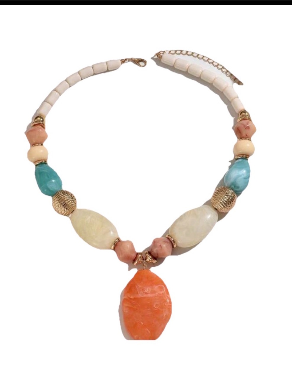 Handmade Multicolor Beaded Necklace with Orange Pendant